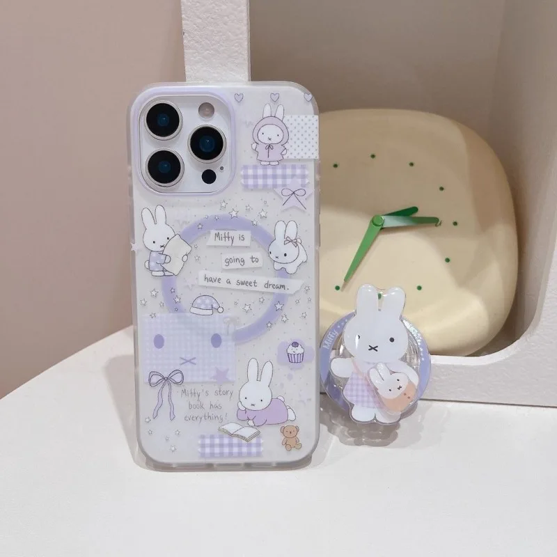 Фото Милый магнитный чехол-подставка Miffy для Samsung Galaxy S25 Ultra S24 S23 Plus S22, противоударный, с дизайном кролика в стиле рюкзака для чтения №3