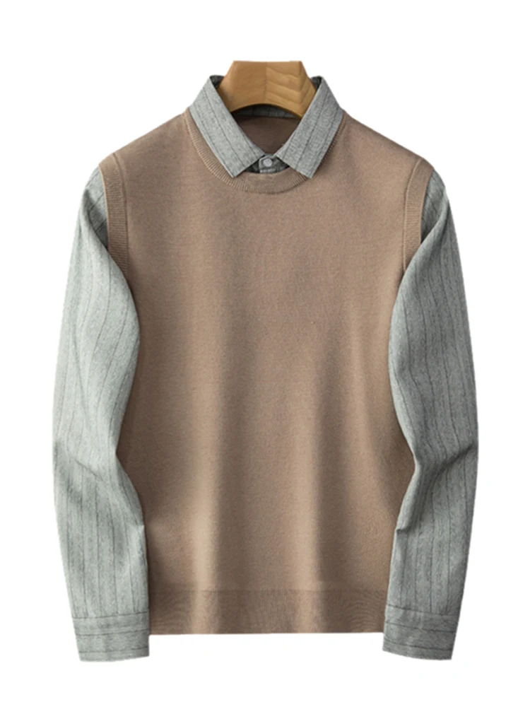 Romon 2024 Spring and Autumn Fake Two Pieces Sweater Men's Shirt Collar High-End Casual Knit Base Top New