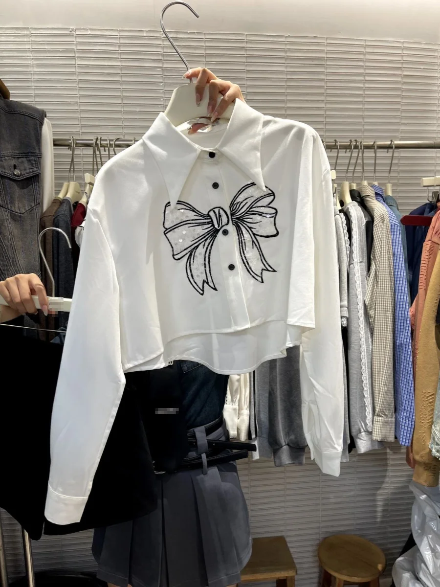 Новинка 2024 милая женская рубашка с вышивкой и блестками на раннюю осень изящный