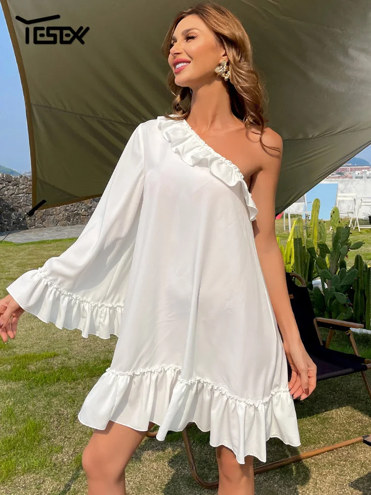 

Yesexy 2022 Summer One Shoulder Sexy Short Beach Dress Women Solid Color Mini Dress Ruffles Elegant Casual Dress White