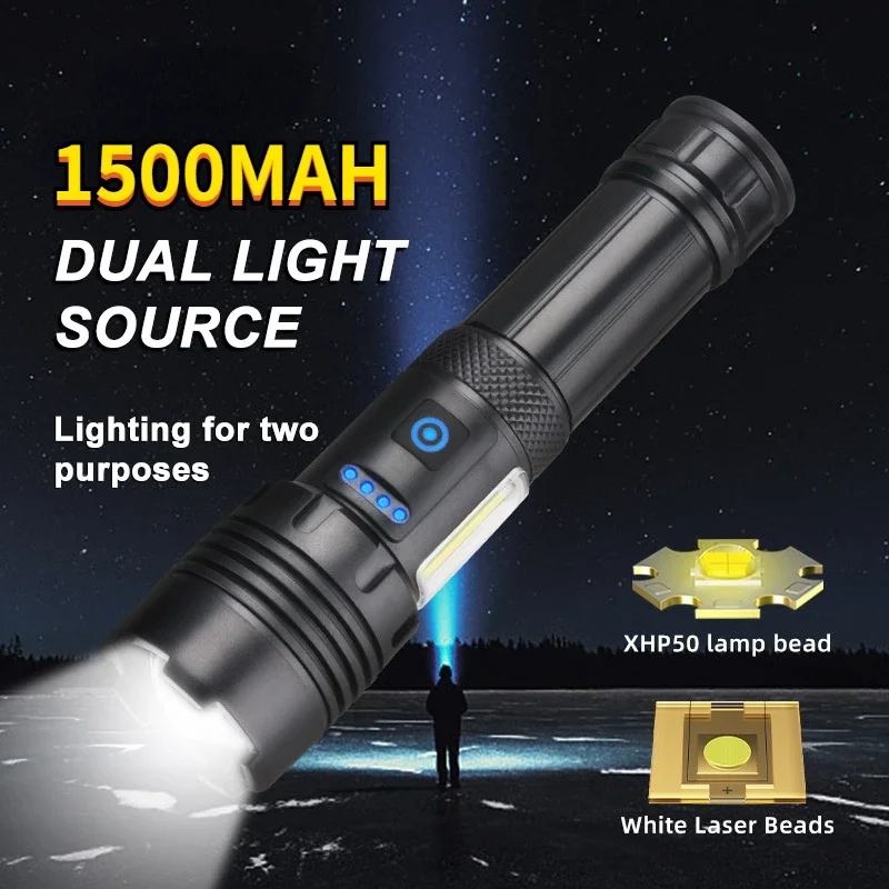 

Мощный светодиодный фонарик COB Super XHP50, 1500 мАч, яркий фонарик, перезаряжаемый тактический фонарик 18650, USB, лампа для кемпинга