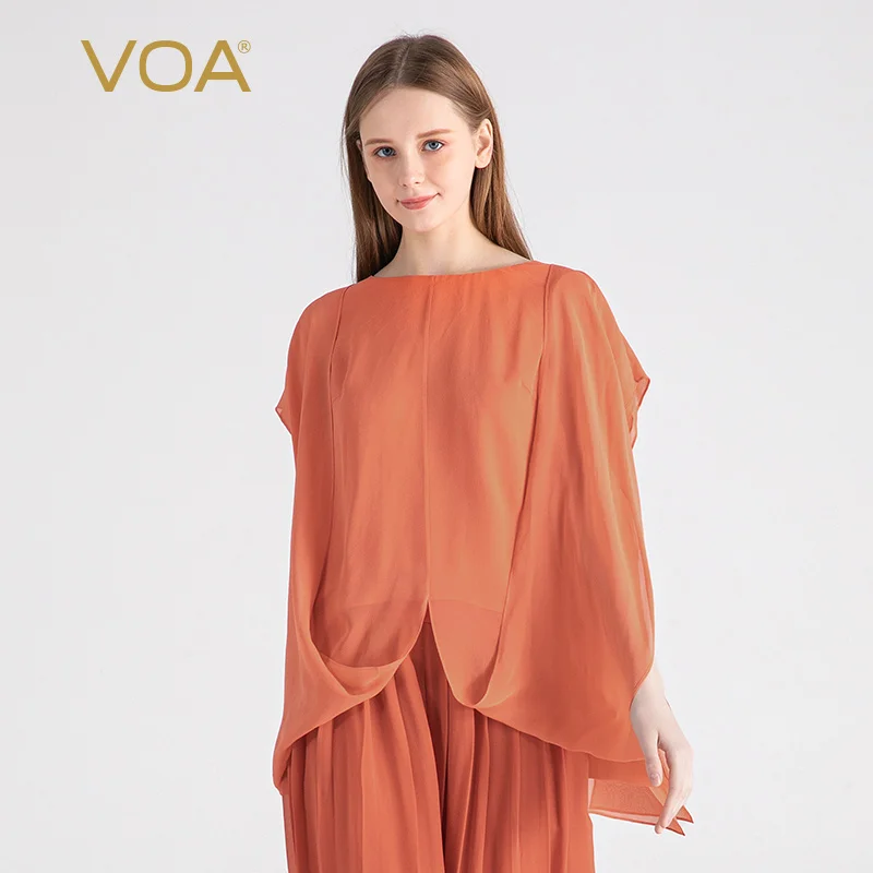 

(Fans Exclusive Discount) VOA Double Layer Georgette Silk O-neck Sleeveless Tops Three-dimensional Loose Silk T-shirt BE1537