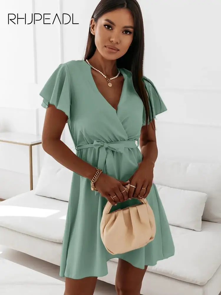 

Summer Dress Women Casual Short Sleeve Sexy V-neck Belt Mini Dress 2022 Elegant Green Red Beach Short Dress Woman Vestidos