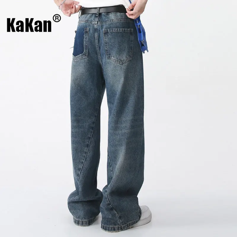 Kakan - New Korean Straight Tube Blue Jeans for Men, Loose Wide Leg Minimalist Retro Long Jeans K50-297