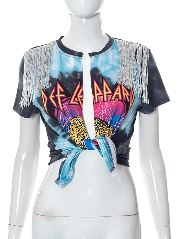 Женская футболка с принтом и низким вырезом модный кардиган в стиле панк Ttassel