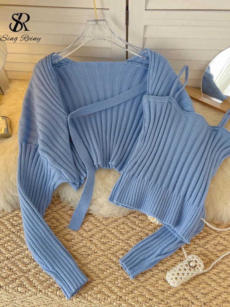 

LIRUICHENG Fashion Autumn Knitted Two Pieces Suits Long Sleeve Cardigan Top +Sheath Mini Camis Suits Women Solid Streetwear