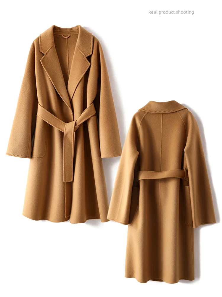 100% натуральная шерсть длинный пояс женское пальто классическая модель