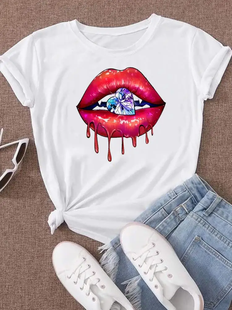 

Fashion T Shirt Graphic T-shirt Short Sleeve Clothes Print Top Lip Style Watercolor Trend Female Ladies Women Clothing Tee