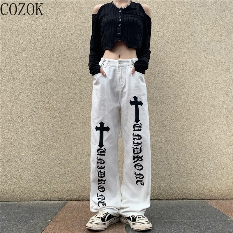 White Pants Women's  High Street Printed Straight Jeans Trousers Loose High Waist Slimming Wide Leg Pants Tide Streetwear Women