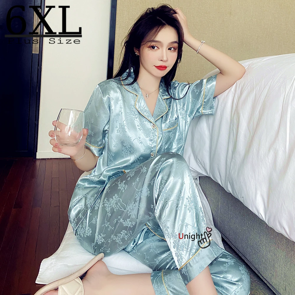 

Oversize M-6XL Womens Short Sleeve Trousers Pyjamas Silk Satin Pajamas Sets Sleepwear Nightgown Suit Sleepshirts Lounge Sets