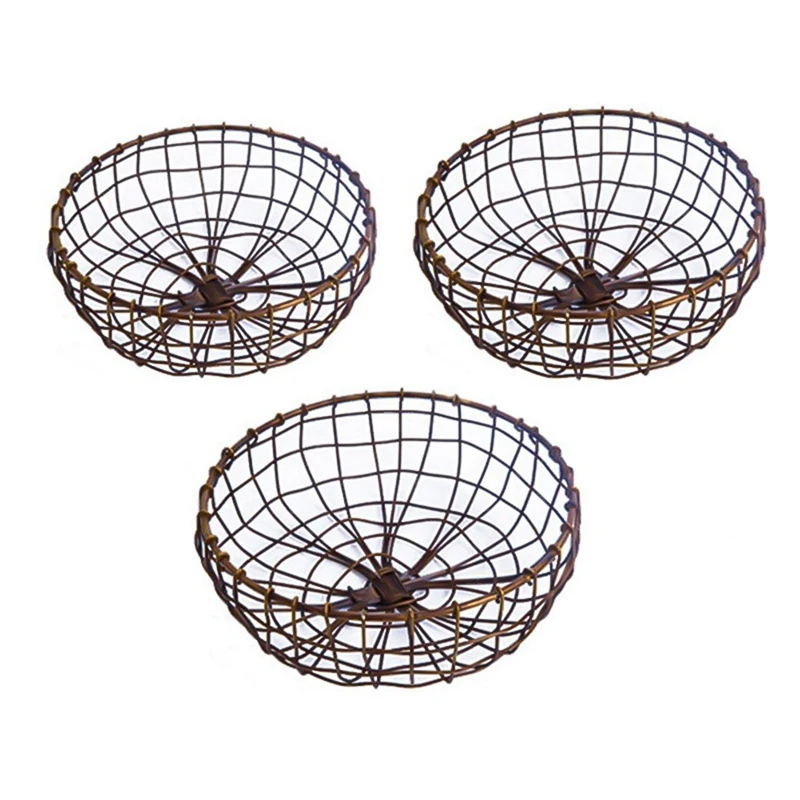

3 Pcs Nordic Retro Bronze Hand-Woven Food Storage Basket Desktop Metal Fruit Basket Kitchen Eggs Baking Storage Basket