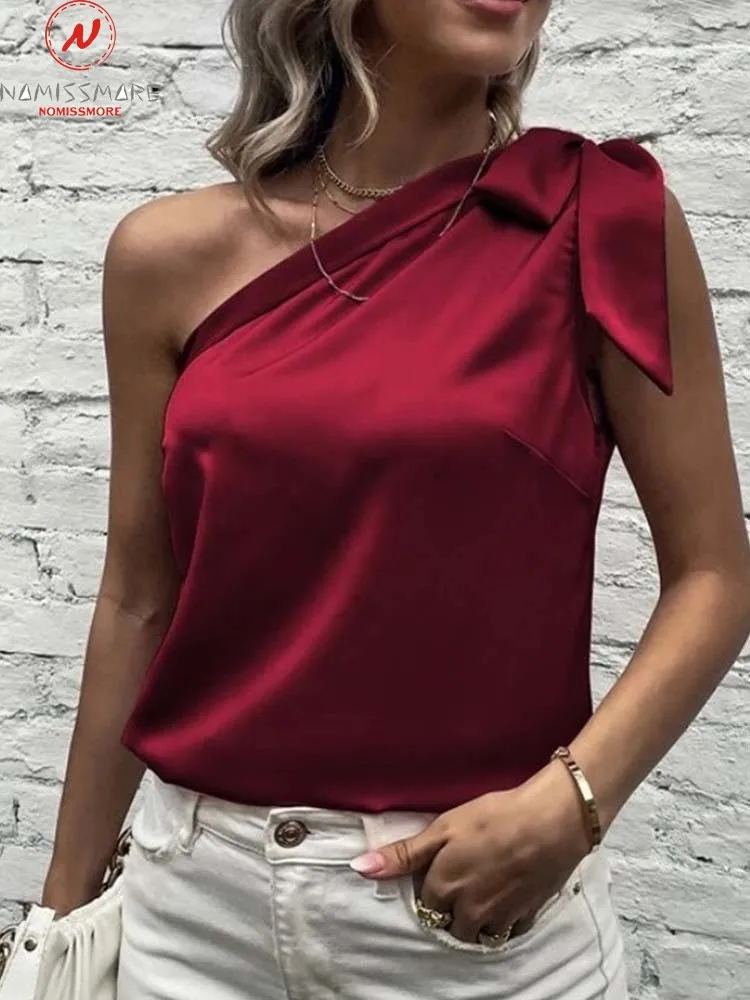 

Модные женские летние однотонные футболки нестандартного дизайна с бантом и косым воротником без рукавов с открытой спиной повседневные с...