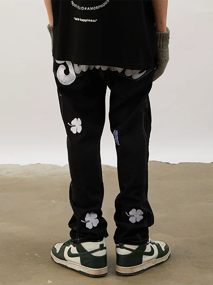 Four Seasons New Men's Jeans Embroidered Letter Jeans Men's Trend Loose Straight Pants Trend Casual Pants Long Pants Baggy Jeans