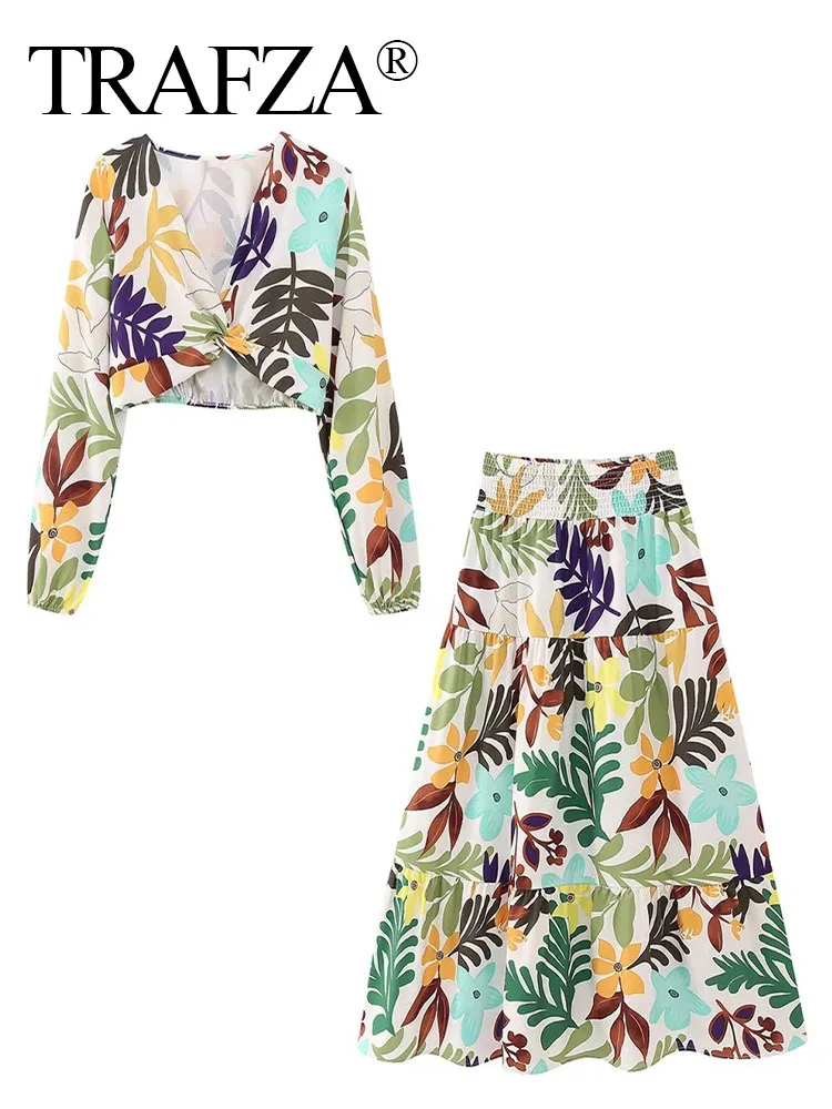 

TRAFZA Women Fashion Casual Two Piece Suit Sexy Deep V Long Sleeve Print Shirt Tops＋Elegant Stitching High Waisted Skirt Woman