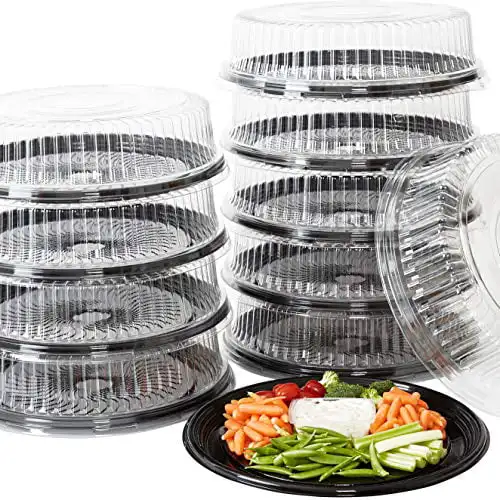

16" Black Plastic Disposable Catering Trays with Lids, 10 Pack