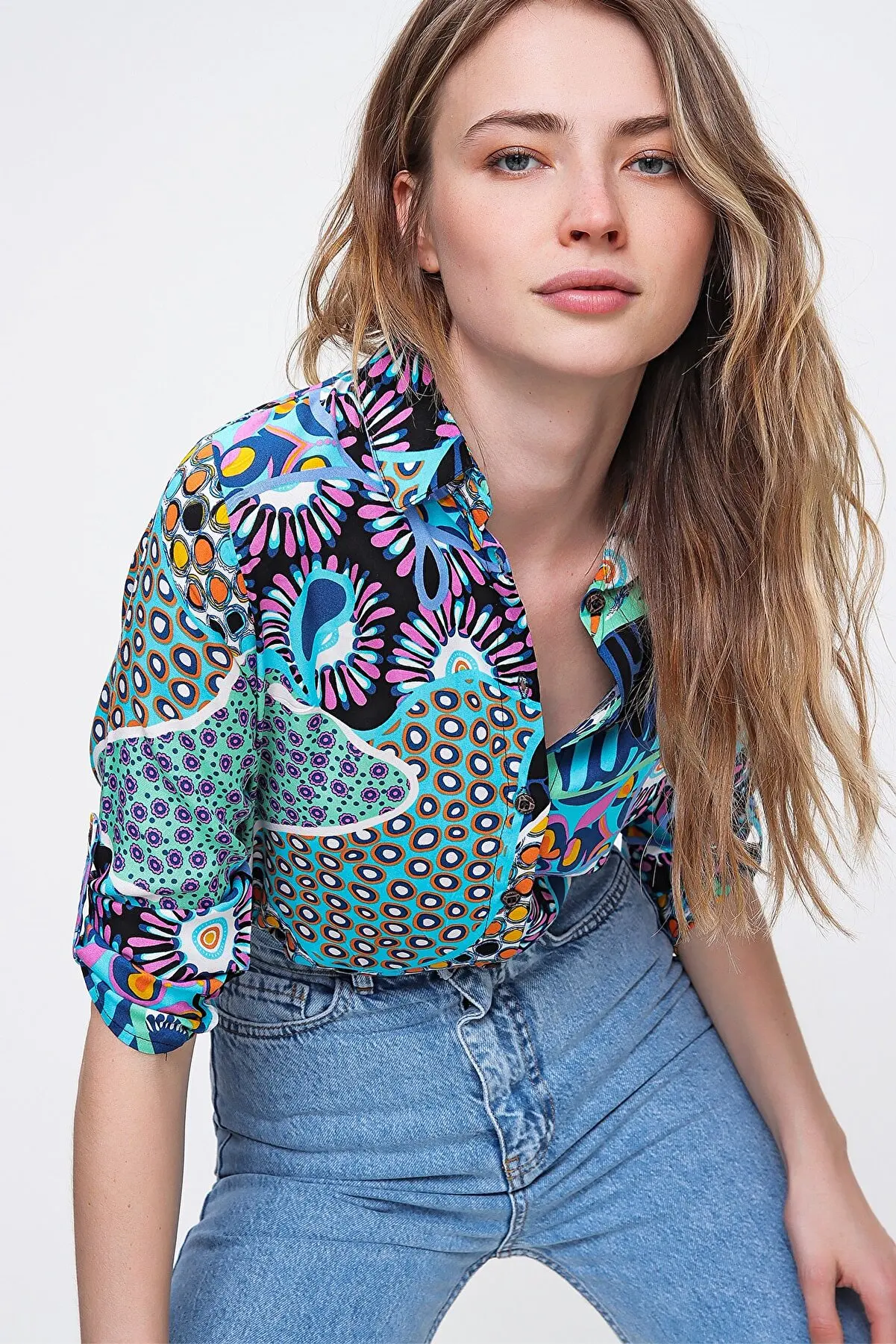 

Women's Navy Blue Patterned Woven viscose Fabric Shirt Pretty and Cheap women's blouse 102415250