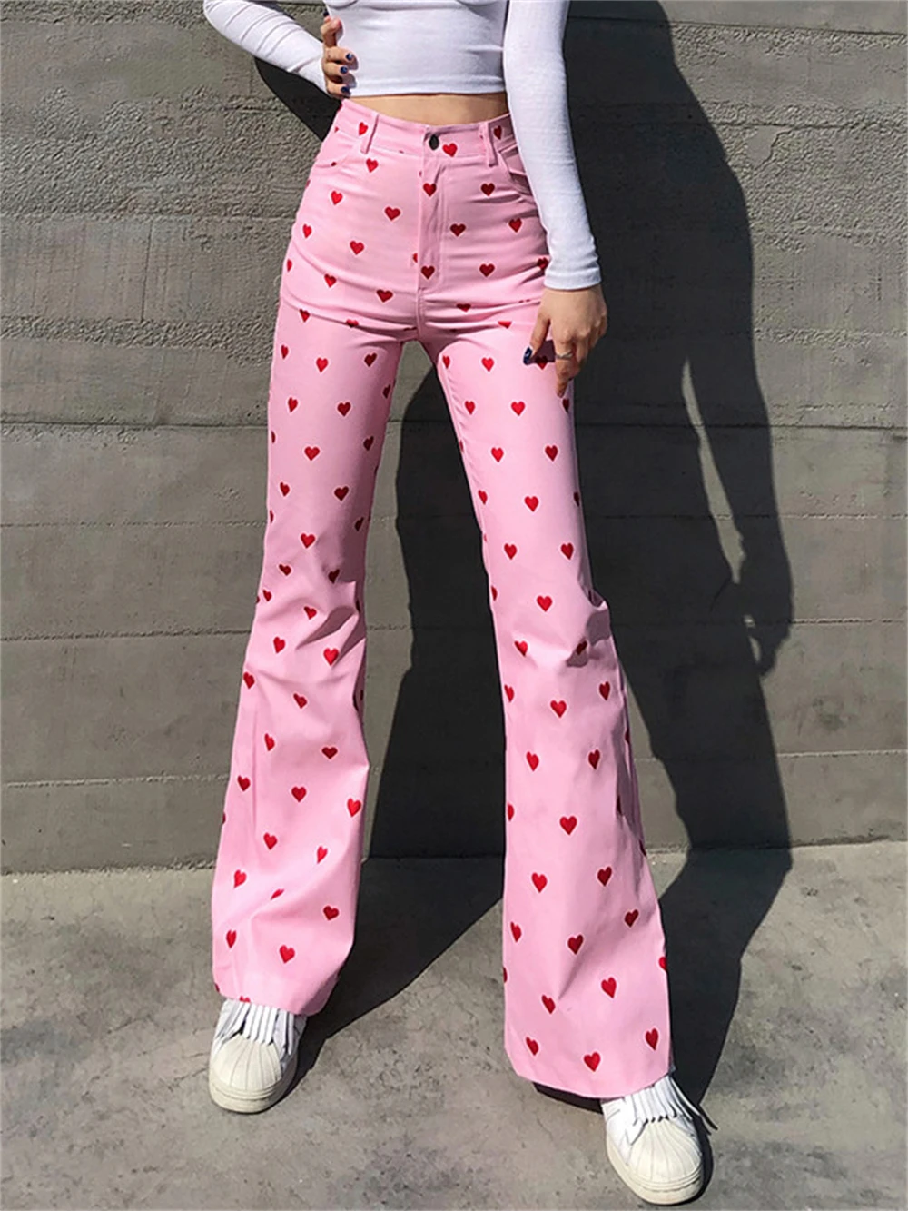 

Vintage 90s Y2K Pink Trousers Heart Printed Aesthetic Party Pants High Waist Women Casaul Streetwear Trousers Flare Pink Pants