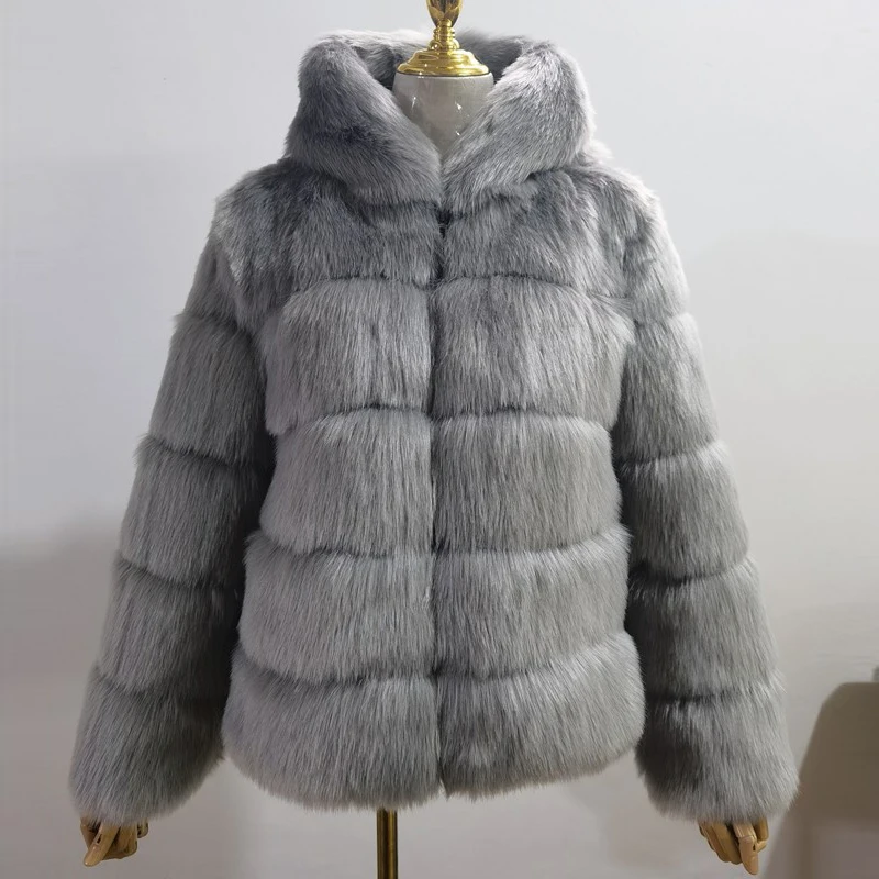 High Quality Furry Silver Fox Faux Fur Coats and Jackets Women Fluffy Coat Hooded Thick Warm Winter Fur Jacket Manteau Femme
