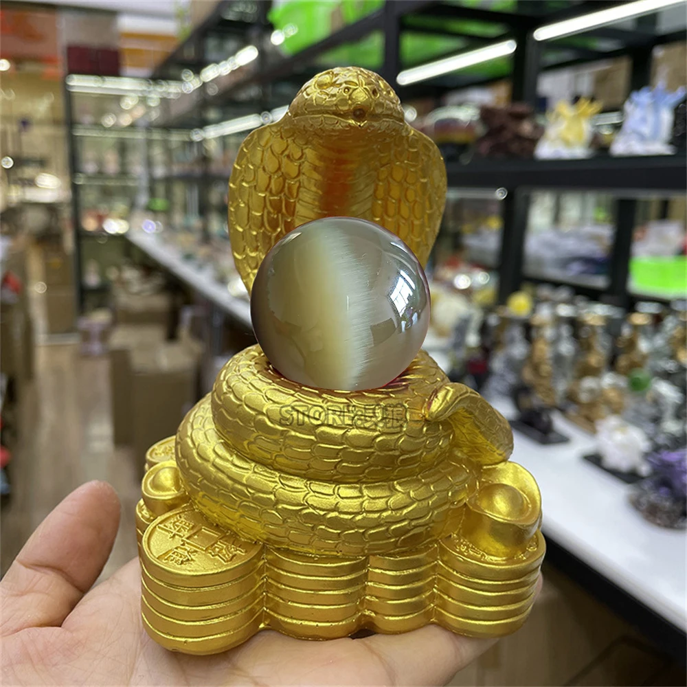 

C28 Crystal Ball Resin Crafts Cobra Gold Ingot Snake Statue Lucky Feng Shui Ornament Crystal Ball Base Display Stand