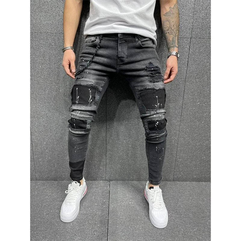 Fashion Hole Jeans for Men Middle Waist Straight Men's Jeans Mens Clothing Streetwear Washed Denim Pants Trousers Jean Male