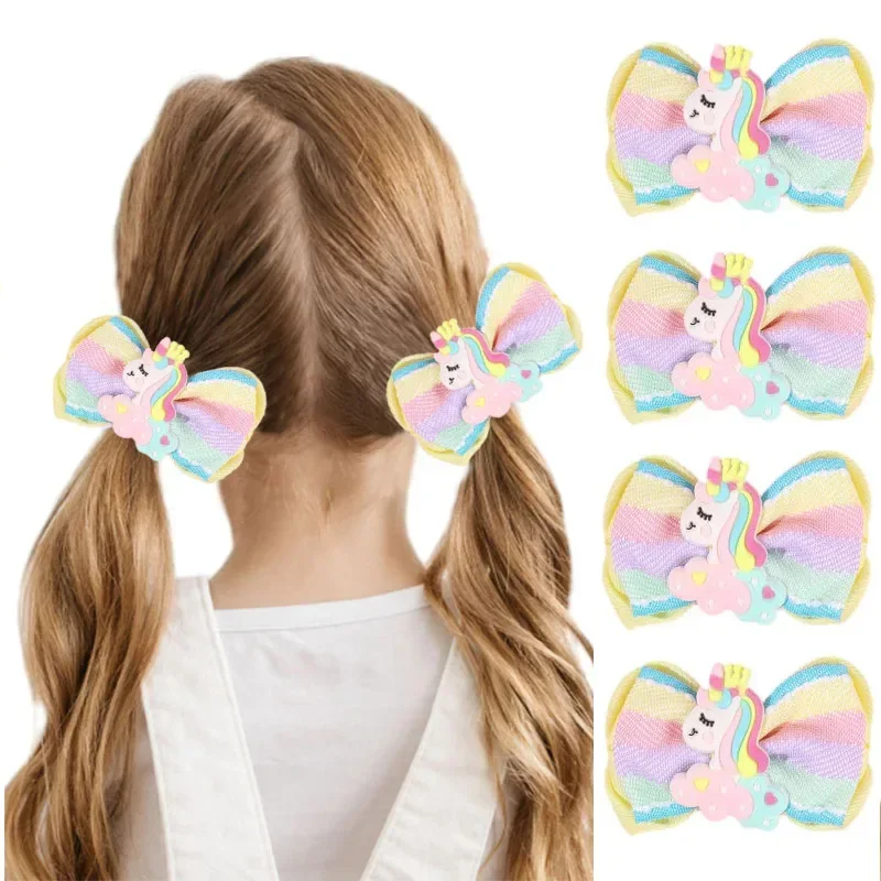 Oaoleer 2 шт. милые заколки для волос с радужным единорогом и бантом полосатые ленты