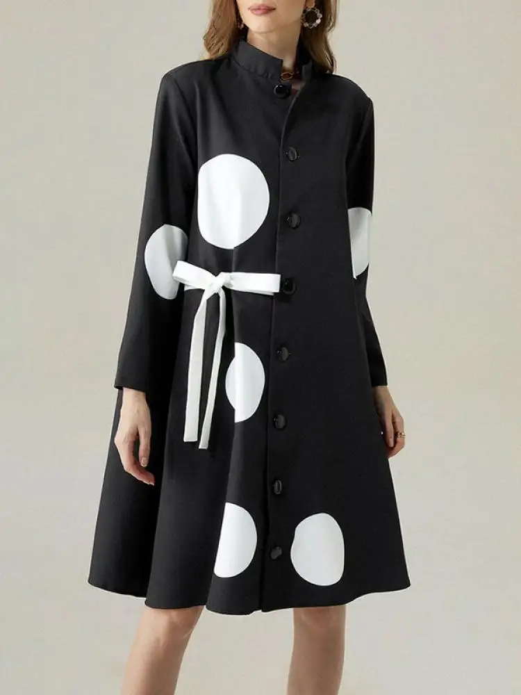

Uoozze Female Fashion Elegant Polka-Dot Buttoned Stand Neck Shirts Dress Spring Autumn Long Sleeves Party Evening Midi Dresses
