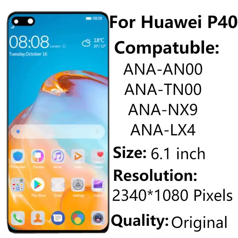 

6,1 "оригинальный с рамкой для Huawei P40 ЖК-дисплей P40 ANA-NX9 LX4 AN00 TN00 сенсорный экран дигитайзер в сборе запасные части