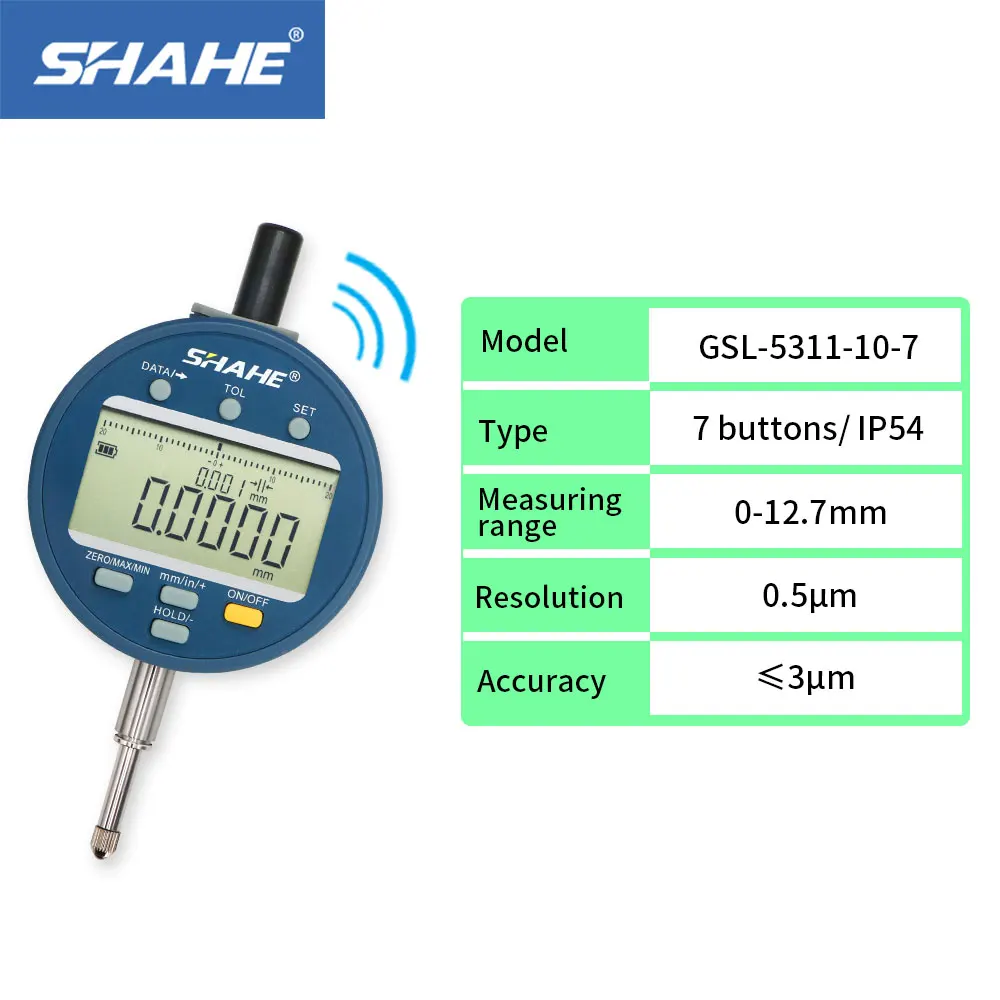 

SHAHE Wireless Digital Indicator 0.5μm Resolution 0-12.7 /25.4/50.8mmDial Test Gauge IP54/IP65 Waterproof and dustproof