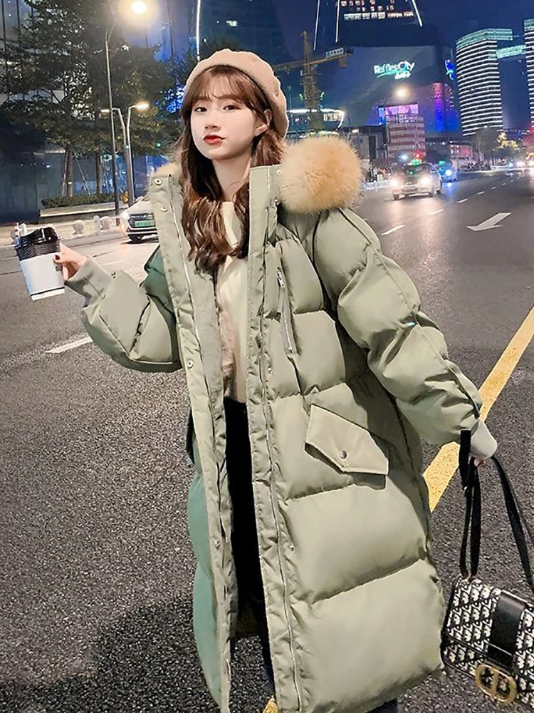 Women's Winter Long Down Cotton Jacket Korean Stye Large Fur Collar Hooded Thick Parkas Warm Loose Clothing Women Coat 2022