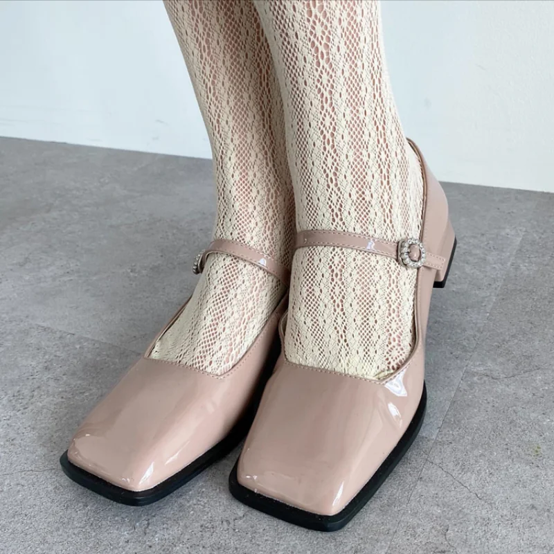 

Japan Style Sweet Mary Jane Single Shoes Solid Retro Square Toe PU Leatther Pumps Women Middle Heels Shallow Mouth Shoes Femme