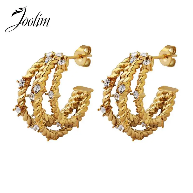 

Joolim Jewelry Tarnish Free Korean Fashion Summer Designer Zircon Four Layers C Earrings Stainless Steel Jewelry Wholesale