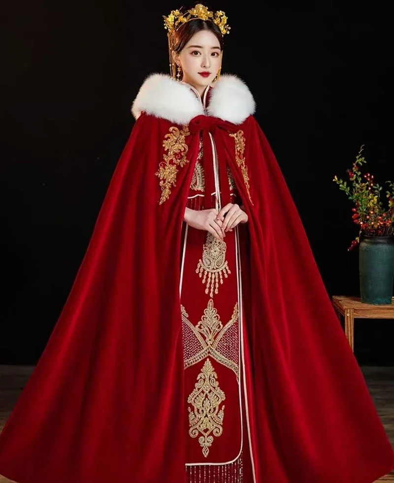 

Зимняя теплая плотная накидка Hanfu для женщин, традиционная китайская бархатная накидка с вышивкой, Женский костюм для косплея, красная накидка Hanfu для женщин