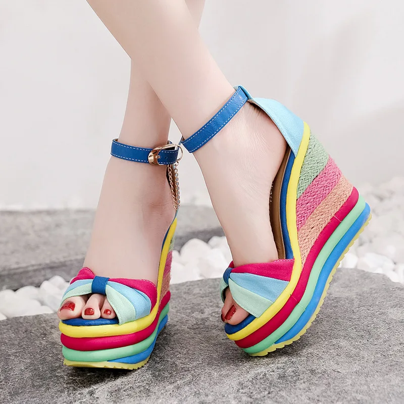 

Women Sandals Female Wedges PU Round Shape Color Matching Slope Heel Increase Thick Bottom Non Slip Shoes