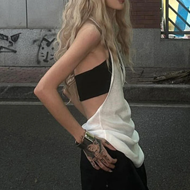 Женская Трикотажная майка с лямкой на шее однотонная Облегающая открытой спиной