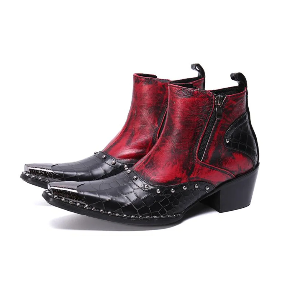 

Printing Red Bordered With Metal Genuine Leather High Heels Pointed Toe Boots Male Plus Size Wedding Fashion Party Dress Shoes