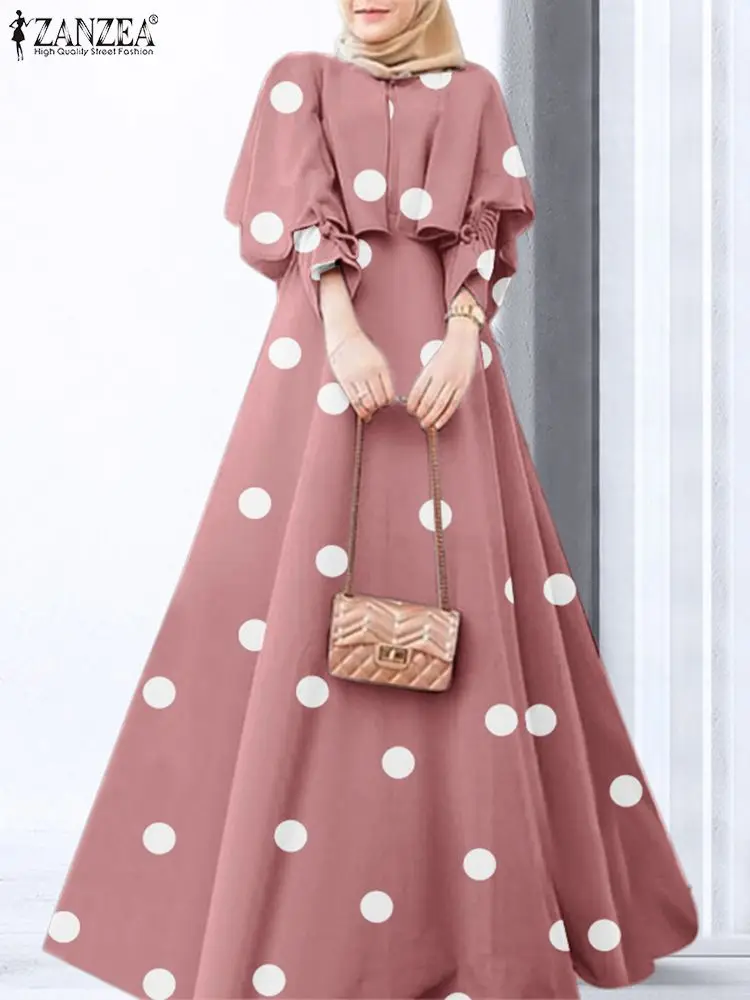 

ZANZEA Women Muslim Abayas Maxi Dress O-Neck Polka Dots Print Full Sleeve Islamic Robe Bohemian Casual Holiday Elegant Sundress