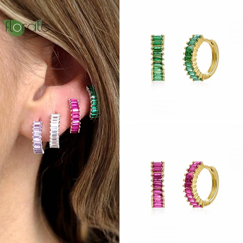 

925 Sterling Silver Needle Colorful CZ Crystal Silver Hoop Earrings for Women Shiny Gold Earrings Hoop Party Luxury Jewelry Gift