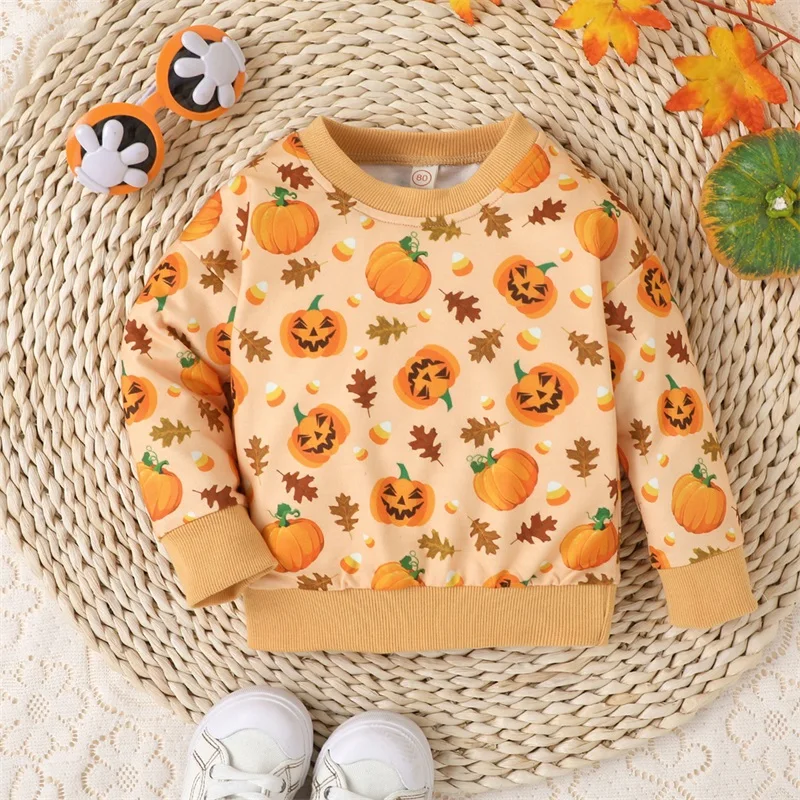 

Baby Halloween Sweatshirts Long Sleeve Crew Neck Cartoon Pumpkin Print Pullovers Toddler Clothes