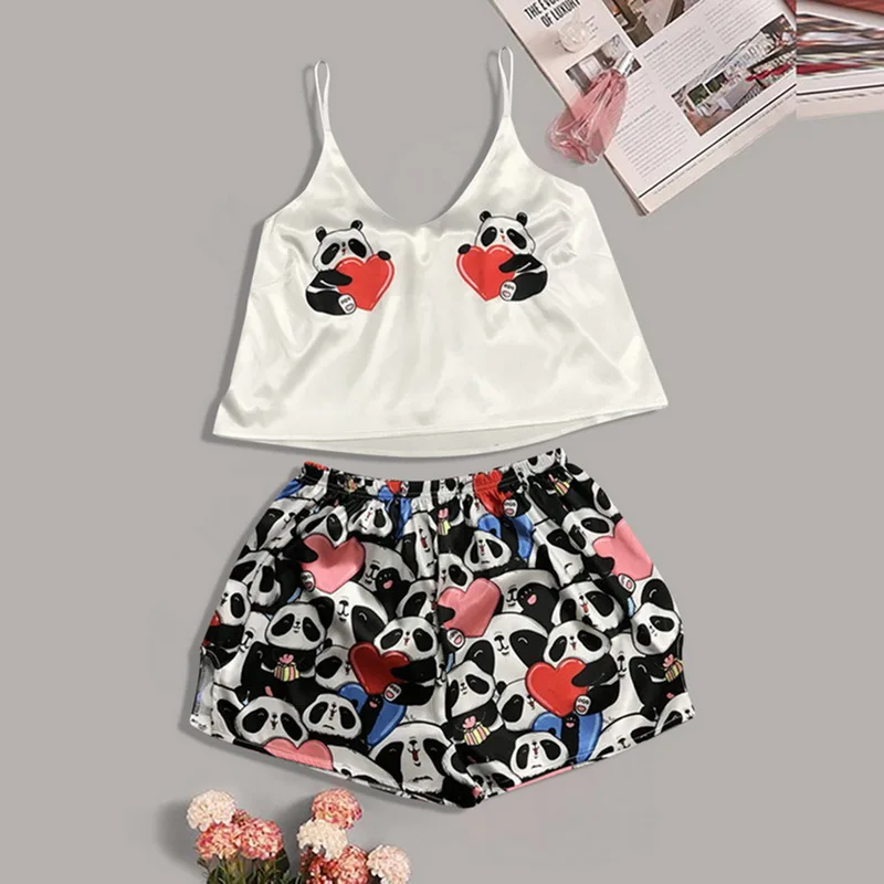 

Women Print Pajama Set Sexy V Neck Silk Sleepwear Satin Night Home Wear Sleeveless Top & Shorts 2021