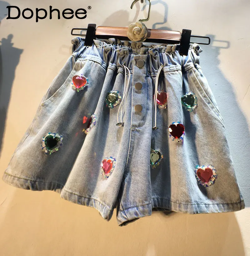 European Summer New Exquisite Rhinestone Beaded Peach Heart High Waist Denim Shorts Loose Slimming Wide-Leg jeans Shorts Women