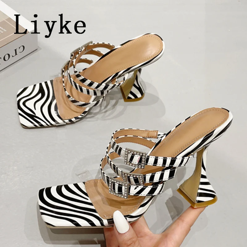 

Liyke Summer PVC Transparent Women Slippers Strange High Heels Ladies Crystal Buckle Narrow Band Rome Sandals Open Toe Shoes