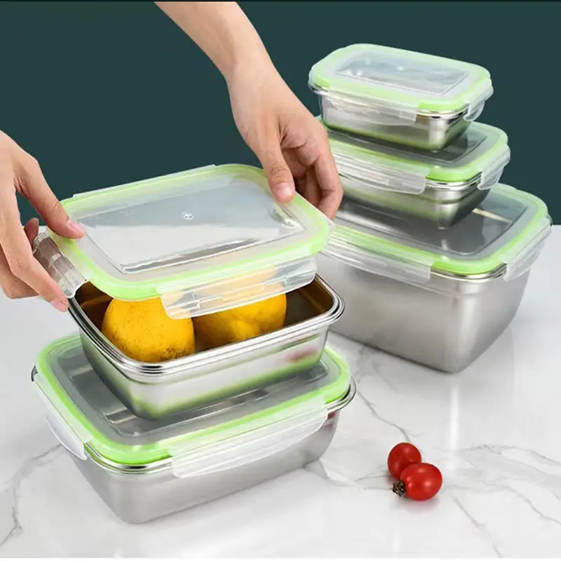 

304 Stainless Steel Food Preservation Box Refrigerator Crisper Set Fruit Sealed Bento Box Table Tableware Freezer Box With Lid