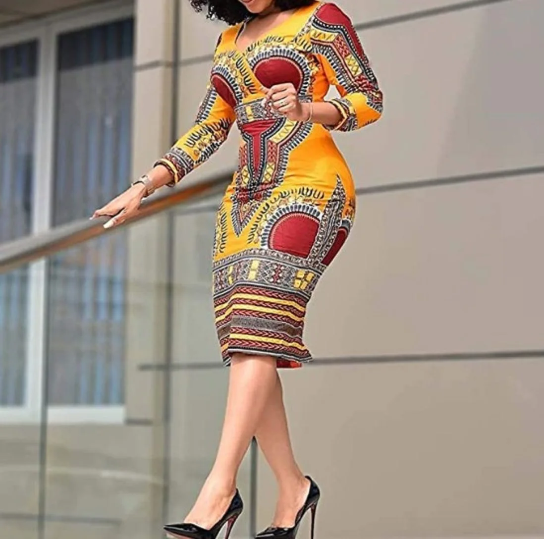 

new African Style Floral Print Retro Dress for Women Elegant Fashion V-neck Bodycon Plus Size Midi Dress Long Sleeves Vestidos