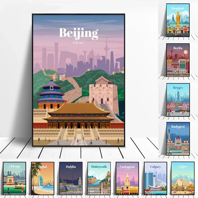 

Landscape London Beijing Berlin Bruges Vintage Travel City Poster Print Cuadros Canvas Painting Wall Art Picture Room Decor
