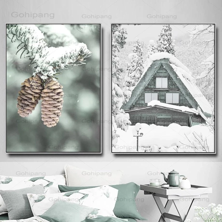 

Snow House Canvas Painting Alps Mountain Deer Pineta Tree Modern Posters and Prints Home Wall Art Pictures for Living Room Decor