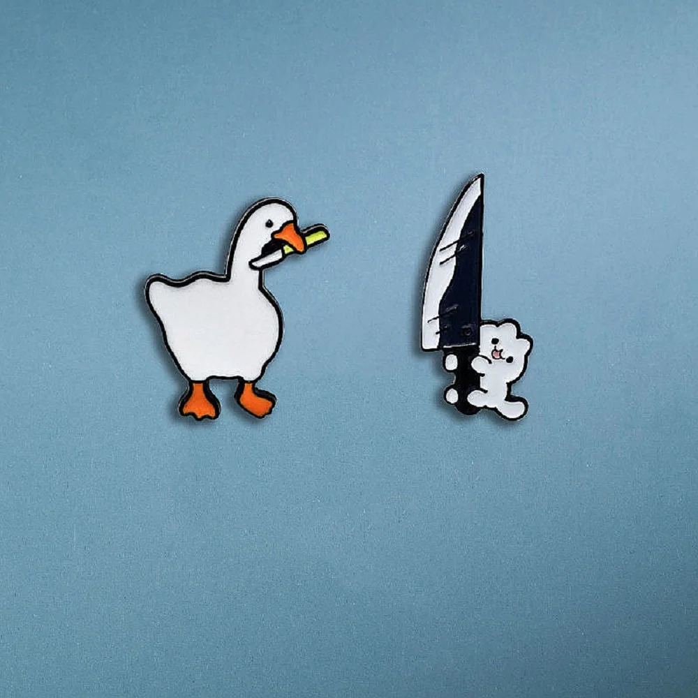 

2 Pcs Funny Cartoon Danger Goose Pin Enamel Badge Cute Duck Cat Rabbit with Knife Brooch Backpack Clothes Decoration Accessories