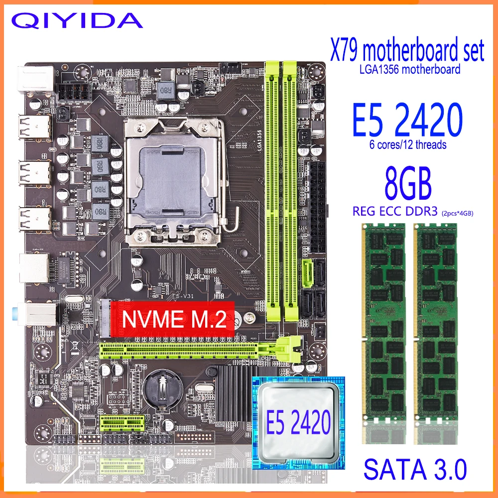 Набор материнской платы Qiyida X79 LGA 1356 E5 2420 cpu 2 шт. x 4 ГБ = 8 Гб 1333 МГц 10600R DDR3 память ECC REG |