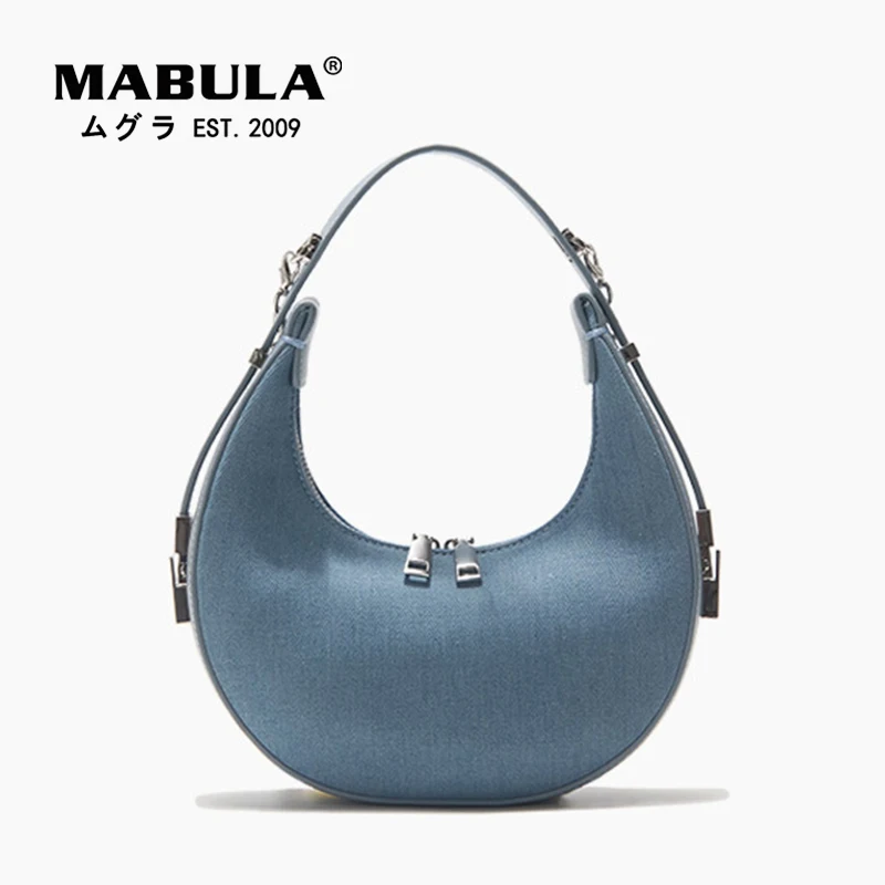 

MABULA Blue Denim Hobo Shoulder Purse for Women Half Moon Zip Up Crossbody Bag with Chain Vintage Chic Top Handle Handbag