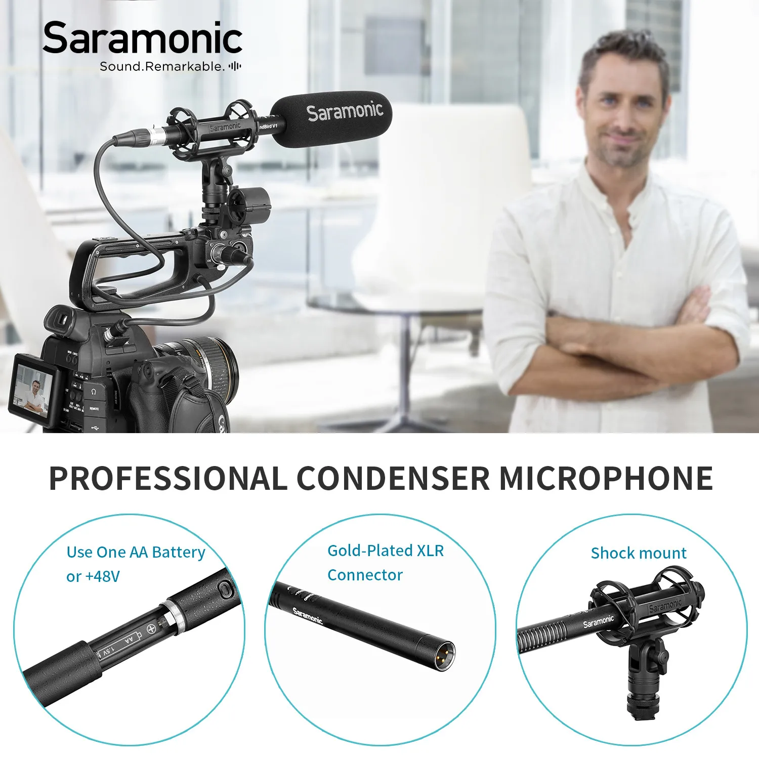 Конденсаторный микрофон Saramonic SoundBird V1 Supercardioid Shotgun для интервью, репортаж о производстве фильмов ENG и многое другое