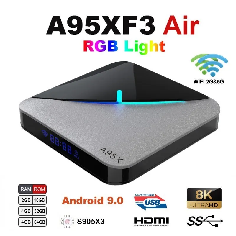 

A95X F3 Air 8K Smart TV BOX Android 9.0 RGB Light RAM 2G/4G ROM 16G 3264G Amlogic S905X3 H.265 Wifi Support Google Player IP TV